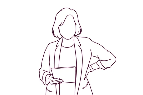 Handritad Affärskvinna Med Hjälp Tablett Illustration — Stock vektor