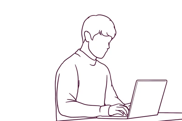 手工绘制的休闲商人在笔记本电脑插图上工作 — 图库矢量图片