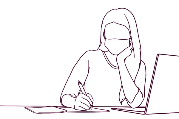 Handgezeichnetes Mädchen Das Mit Laptop Studiert Während Gesichtsmaske Trägt — Stockvektor