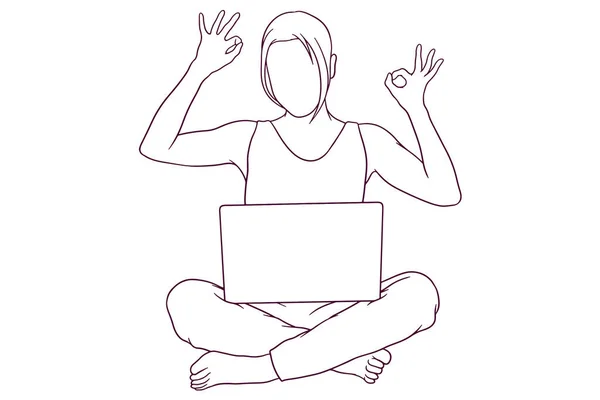 手描きの幸せな女性はノートパソコンイラストで自宅から仕事を — ストックベクタ