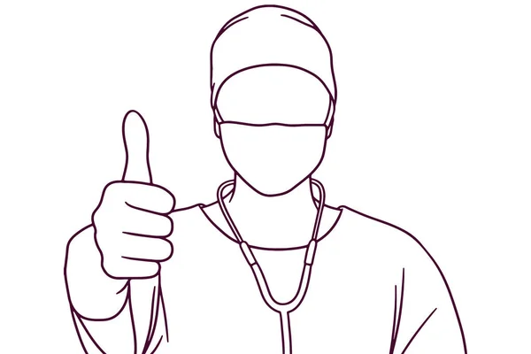 Mão Desenhado Médico Masculino Dando Polegares Para Cima Ilustração — Vetor de Stock