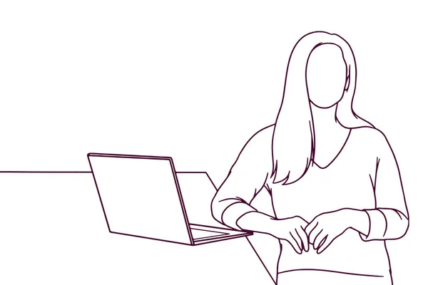 Hand Getekend Staande Zakenvrouw Met Laptop Illustratie — Stockvector
