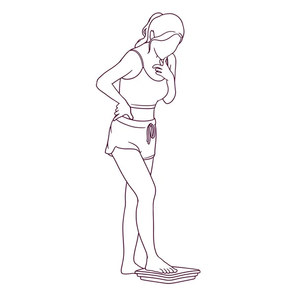 Ručně Kreslená Žena Sportovním Oblečení Měřící Její Hmotnost Ilustrace — Stockový vektor
