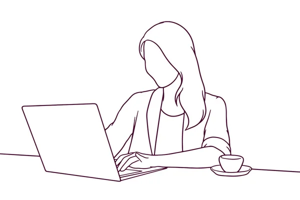 ノートパソコンイラストのカフェで働く若い女性を手描きで描きました — ストックベクタ