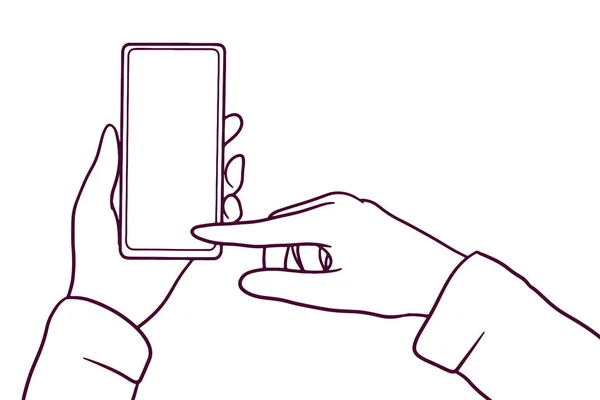 Руки Тримають Смартфон Стрічки Пальцями Екрані Телефону Рука Намальована Стиль — стоковий вектор