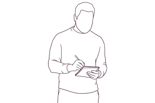 Homem Enquanto Escrevia Livro Anotações Ilustração Vetorial Estilo Desenhado Mão — Vetor de Stock