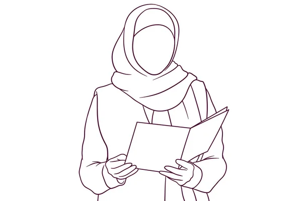 Мусульманская Деловая Женщина Книгой Руках Бизнес Концепция Ручной Рисунок Вектора — стоковый вектор
