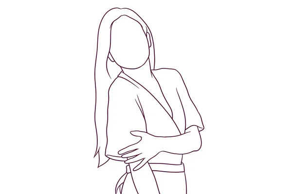 Potrait Beautiful Woman Posing Hand Drawn Style Vector Illustration — Stock Vector