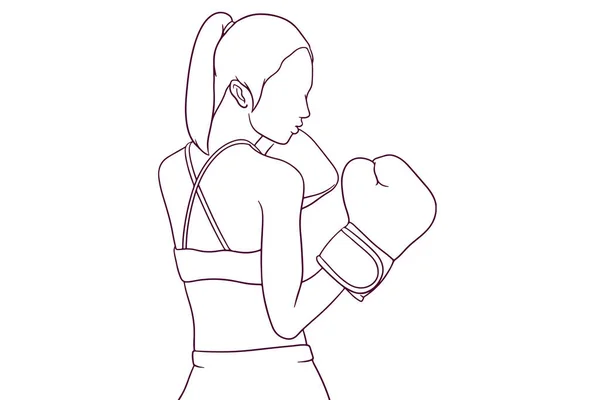 Sporty Girl Doing Boxing Hand Drawn Style Vector Illustration — Stock Vector