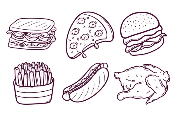 Conjunto Mão Desenhado Junk Food Doodle Ilustração — Vetor de Stock