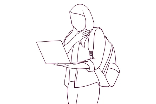 ラップトップを使いながらバックパック付きの驚きの女子学生 手描きスタイルベクトルイラスト — ストックベクタ