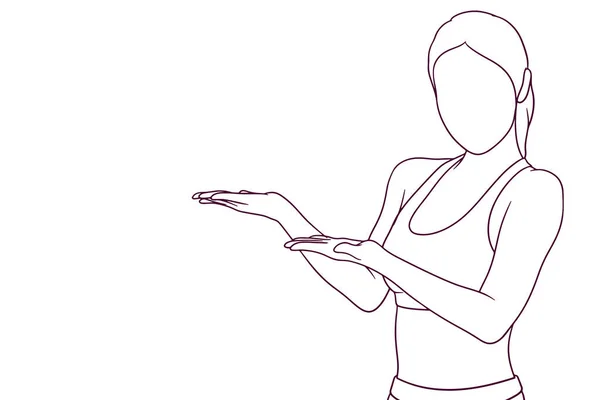 Žena Fitness Obleku Otevřenou Dlaní Ručně Kreslený Styl Vektorové Ilustrace — Stockový vektor