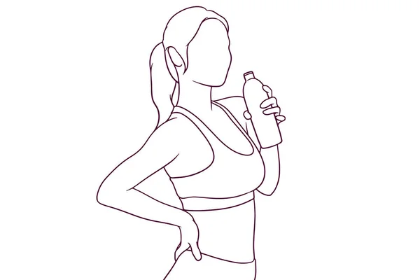 Kvinna Fitness Kostym Hålla Flaska Vatten Hand Dras Stil Vektor — Stock vektor