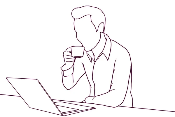 Junger Geschäftsmann Trinkt Kaffee Während Handgezeichnet Vektor Illustration Arbeitet — Stockvektor