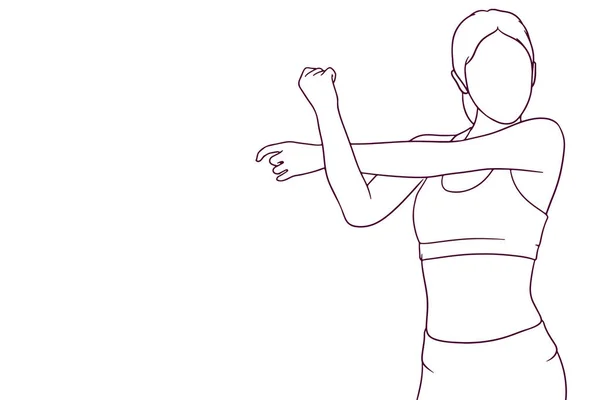 Kvinna Fitness Kostym Stretching Hand Dras Stil Vektor Illustration — Stock vektor