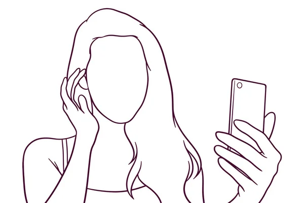 Jovem Menina Bonita Tomando Selfie Ilustração Vetorial Estilo Desenhado Mão — Vetor de Stock