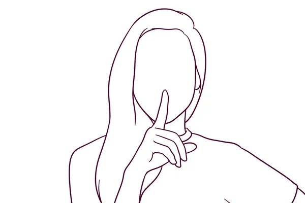 無口なジェスチャーを示す若い美しい女性 プライバシーの概念 手描きスタイルベクトルイラスト — ストックベクタ