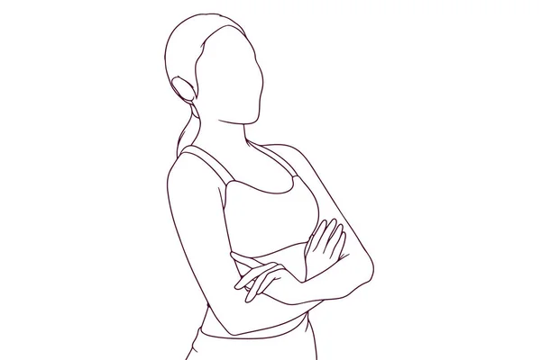 Žena Fitness Obleku Zkříženými Pažemi Ručně Kreslený Styl Vektorové Ilustrace — Stockový vektor