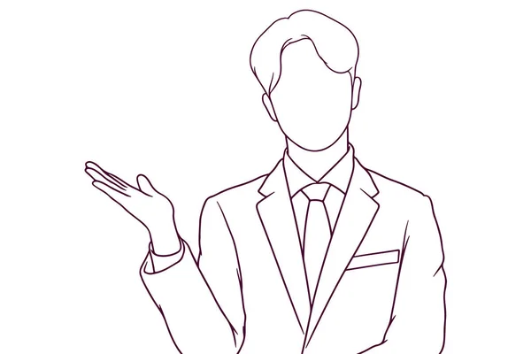 Jovem Empresário Levantar Sua Palma Mão Desenhada Estilo Vetor Ilustração — Vetor de Stock