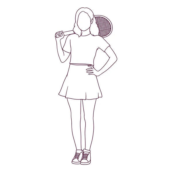 若い女子テニス選手はラケットを持っている 手描きスタイルベクトルイラスト — ストックベクタ