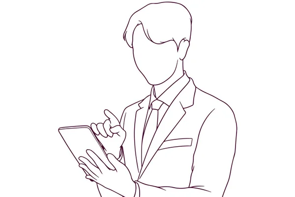 Jovem Empresário Que Trabalha Com Tablet Desenhado Mão Ilustração Vetor — Vetor de Stock