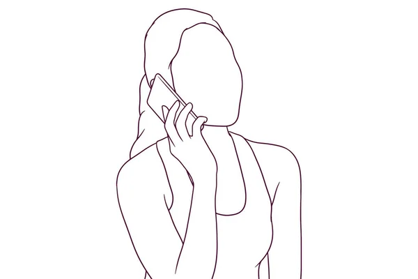 Jeune Femme Forme Parlant Téléphone Pendant Entraînement Illustration Vectorielle Style — Image vectorielle