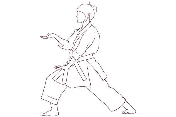 Junge Mädchen Tun Karate Pose Hand Gezeichnet Stil Vektor Illustration — Stockvektor
