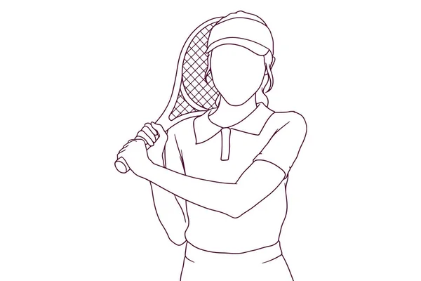 Молодая Девушка Держит Теннисную Ракетку Нарисованную Вручную Векторную Иллюстрацию — стоковый вектор