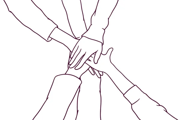 年轻人把他们的手放在一起 手忙脚乱友谊的概念 手绘风格矢量图解 — 图库矢量图片