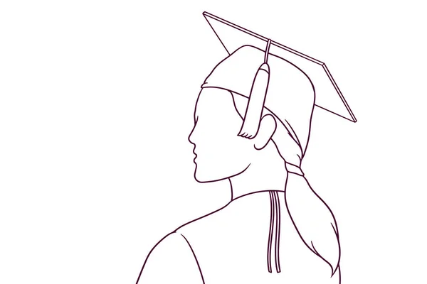 卒業帽子をかぶった若い女の子 手描きスタイルベクトルイラスト — ストックベクタ