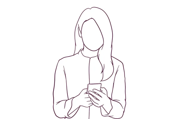 Молодая Женщина Использует Свой Смартфон Коммуникационная Концепция Ручной Рисунок Вектора — стоковый вектор