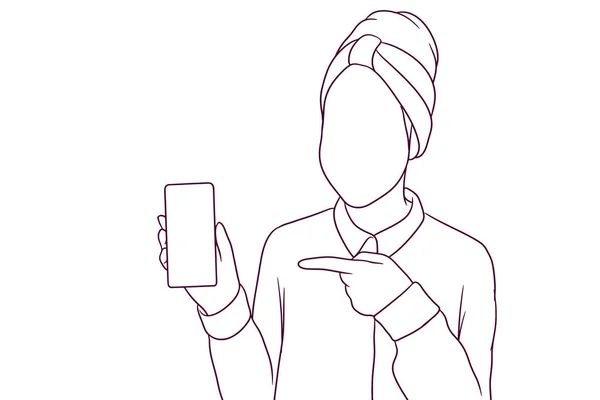 Νεαρή Γυναίκα Τουρμπάνι Που Δείχνει Smartphone Ζωγραφισμένο Στο Χέρι Στυλ — Διανυσματικό Αρχείο