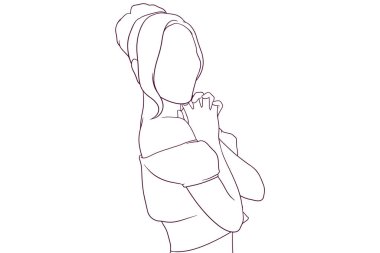 Genç ve güzel bir kadın el çizimi stili vektör çizimi