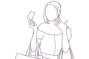 Mutlu kadın alışveriş el çizimi stil vektör çizimi