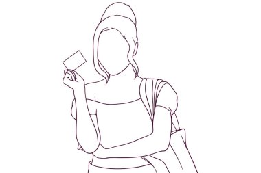 Kredi kartı çizilmiş mutlu kadın stil çizimi