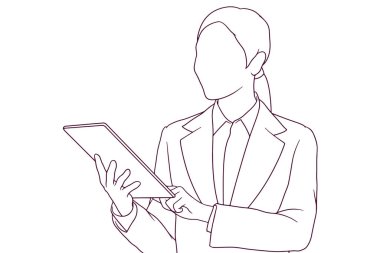 Tablet el çizimi biçim illüstrasyonu kullanan iş kadını