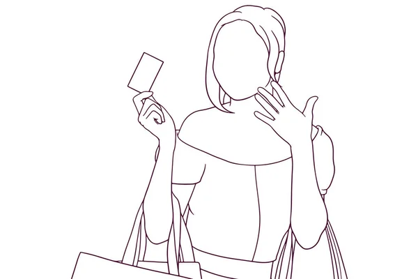 Lycklig Kvinna Shopping Hand Ritad Stil Vektor Illustration — Stock vektor