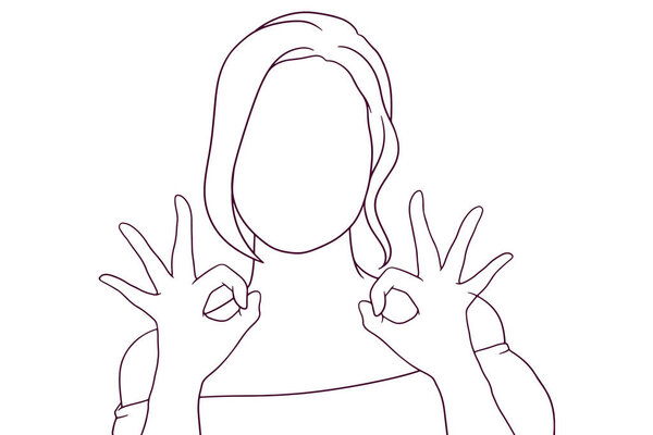 beautiful girl showing okay gesture  hand drawn style vector illustration