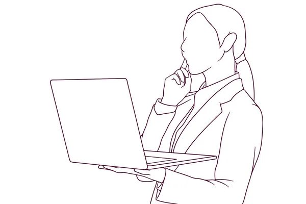 Empresária Com Laptop Pensando Mão Desenhada Estilo Vetor Ilustração —  Vetores de Stock