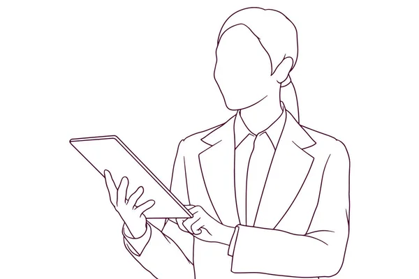 Geschäftsfrau Mit Tablet Handgezeichneten Vektor Illustration — Stockvektor