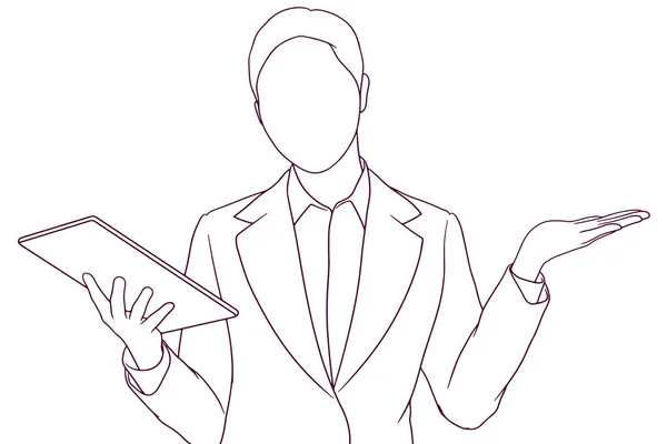 Επιχειρηματίας Δείχνει Χειρονομία Παρουσίαση Ζωγραφισμένο Χέρι Στυλ Εικονογράφηση Διάνυσμα — Διανυσματικό Αρχείο