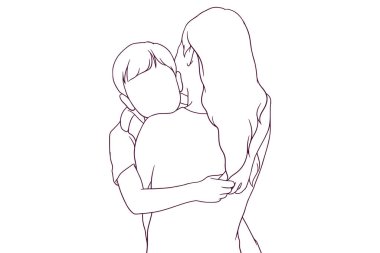 Oğlunu taşıyan genç bir kadın el çizimi stil çizimi çizimleri yapıyor.