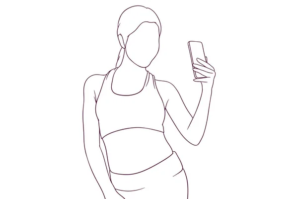 Beautiful Girl Fitness Suit Take Selfie Hand Drawn Style Vector — Archivo Imágenes Vectoriales