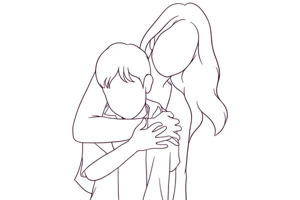 Happy Mom Hugging Her Son Hand Drawn Style Vector Illustration — Vector de stock