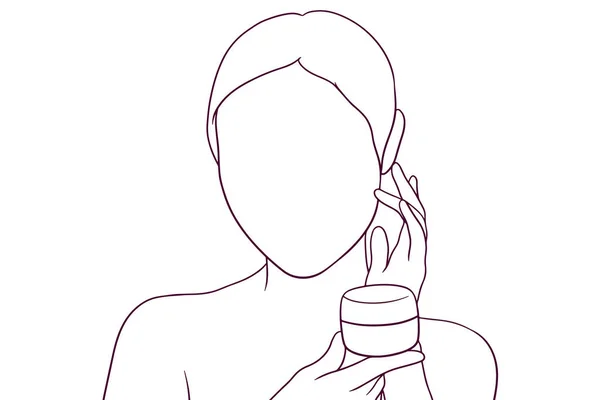 Beautiful Girl Posing Hold Container Moisturizer Hand Drawn Style Vector — Archivo Imágenes Vectoriales
