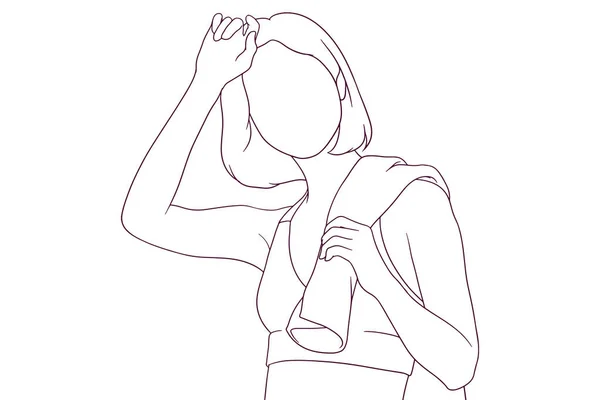 Young Woman Wearing Fitness Suit Towel Hand Drawn Style Vector — Image vectorielle