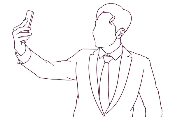 Businessman Take Selfie Hand Drawn Style Vector Illustration — Image vectorielle