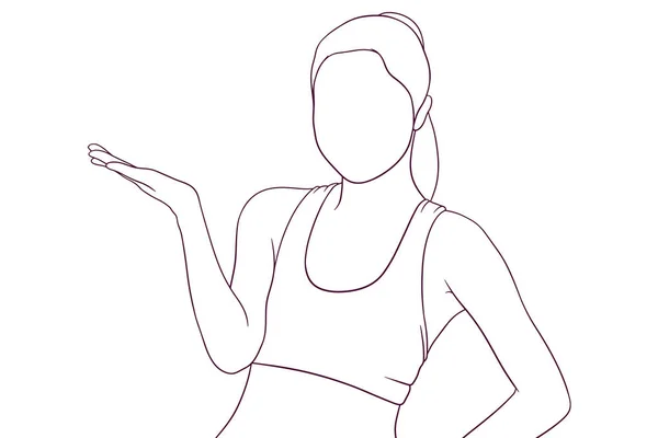 若いフィットネスの女の子が手描きのベクトルイラストで手のひらを上げ — ストックベクタ