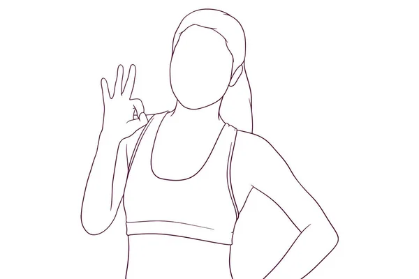 Athletic Girl Showing Okay Sign Her Hand Hand Drawn Vector — Image vectorielle