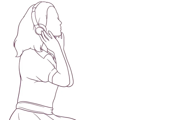 Mujer Joven Con Auriculares Escuchar Música Ilustración Vectorial Dibujado Mano — Vector de stock